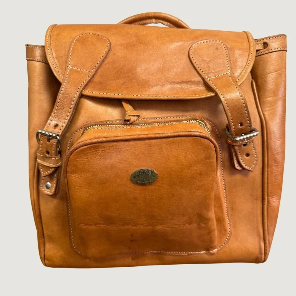 Conc Vintage Tan Brown Leather Backpack Rucksack Daypack 916513A‎ Buckle Detail